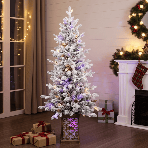 4FT Pre - Lit Flocked Artificial Christmas Tree — 100 Multi - Color LED Lights, 396 Tips, Light - Up Glitter Base - Monsta Online