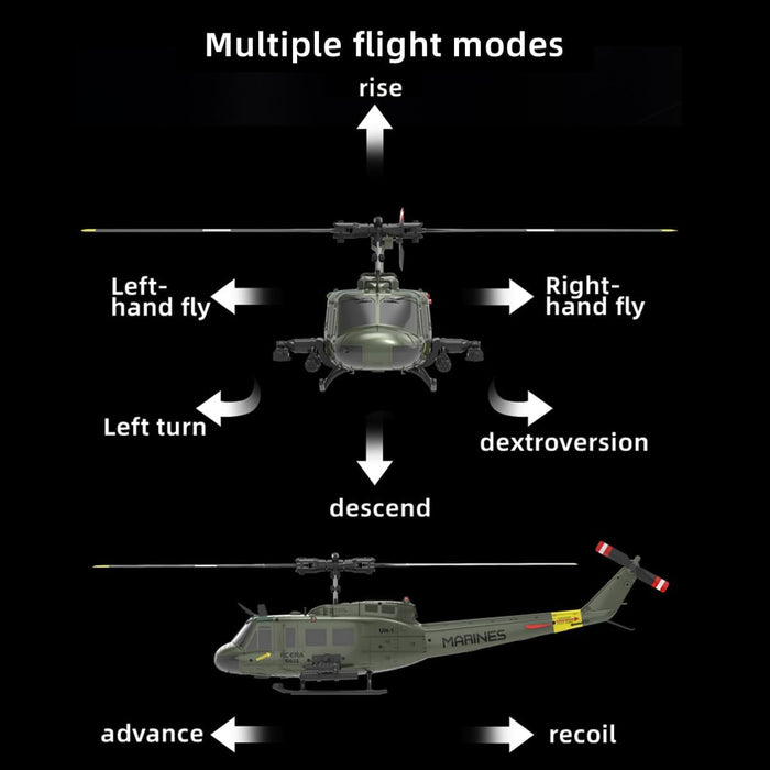 Premium 1:48 Scale Huey Military RC Helicopter with 6CH 2.4G Flybarless Remote Control Helicopter Model for Teens and Adults With Dual Batteries - Monsta Online