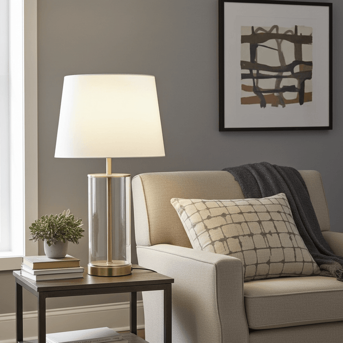 Premium 23" Brass Table Lamp with Glass Accent Base and Soft Fabric Shade - Monsta Online