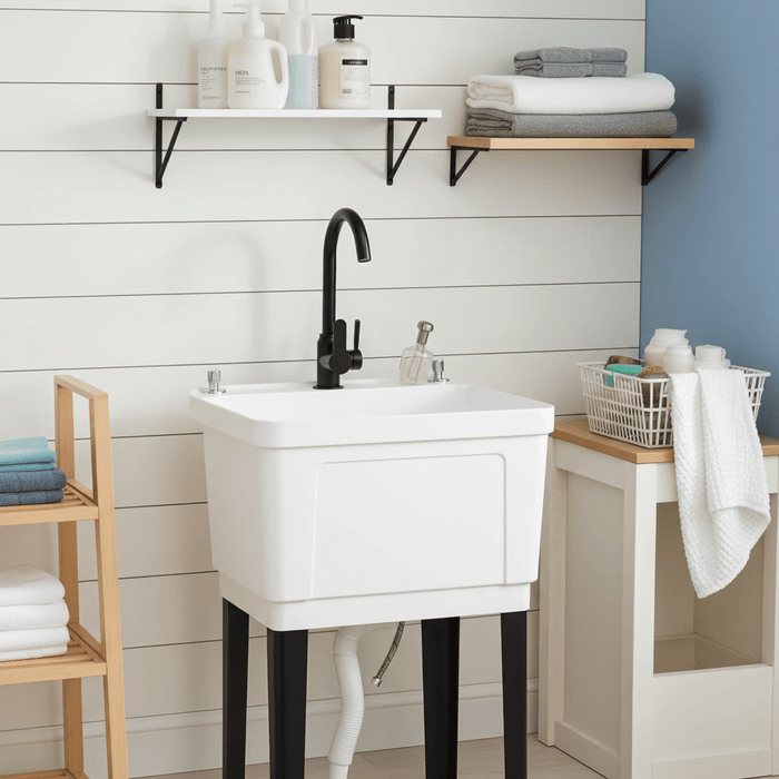1 - Basin Freestanding Utility Laundry Sink with Stainless Steel Faucet and Drainboard - Monsta Online