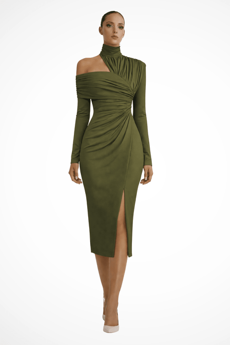 Delphina One Shoulder Midi Dress – Women's Asymmetric High Neck Draped Dress - Monsta Online