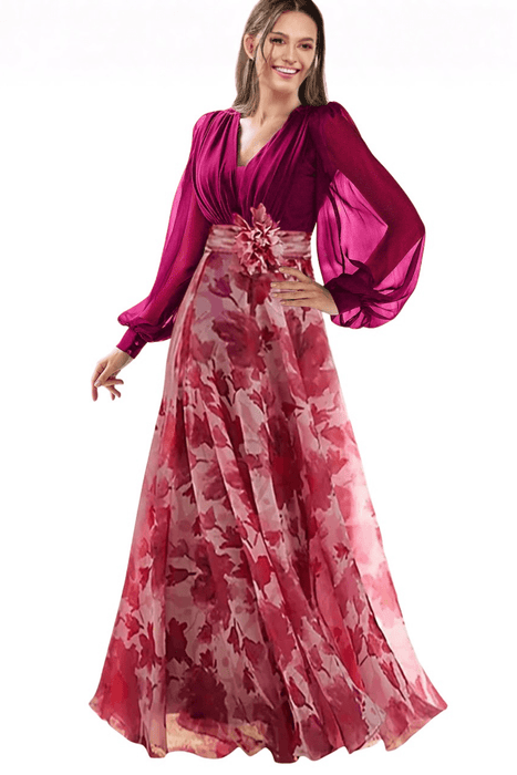 Valentina Floral Maxi Dress – Women's V Neck Balloon Sleeve Printed Wedding Guest Dress - Monsta Online