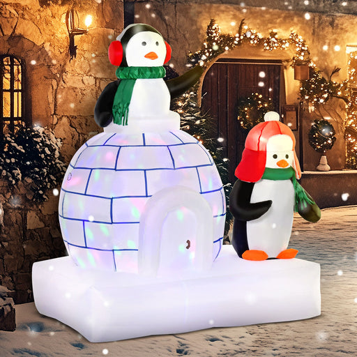 5FT Prelit Christmas Inflatable Penguins with Igloo and Rotating LED Lights - Outdoor Decoration - Monsta Online