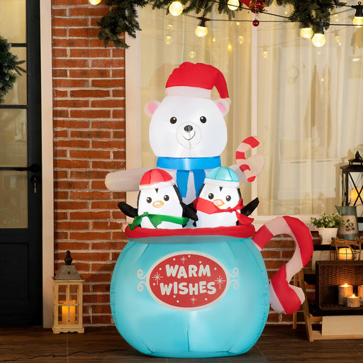 5FT Prelit Inflatable Polar Bear & Penguins in Hot Cocoa Cup with LED Lights - Outdoor Christmas Decoration - Monsta Online