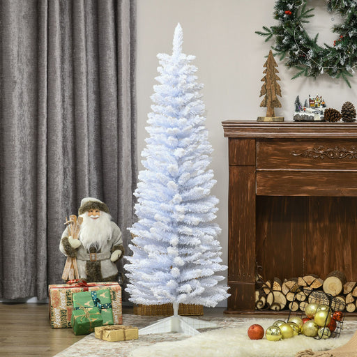 5FT White Snow Flocked Pencil Artificial Christmas Tree — 294 Tips, Unlit, Slim Space - Saving, Metal Base - Monsta Online
