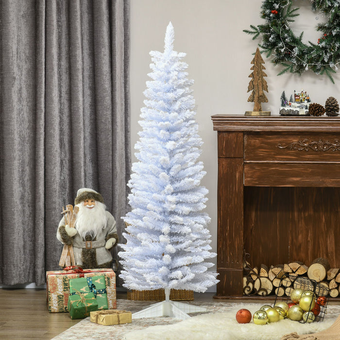 5FT White Snow Flocked Pencil Artificial Christmas Tree — 294 Tips, Unlit, Slim Space - Saving, Metal Base - Monsta Online