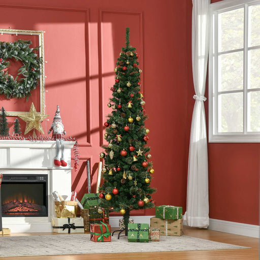 6.5FT Pencil Artificial Christmas Tree — 556 Tips with Pine Cones, Pine Needles, Unlit, Metal Base - Monsta Online