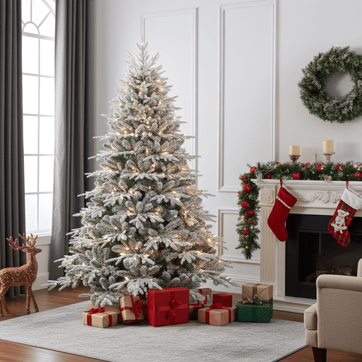 6.5FT Pre - Lit White Flocked Artificial Christmas Tree — 2356 PE/PVC Tips, 450 Lights, Hinged - Monsta Online