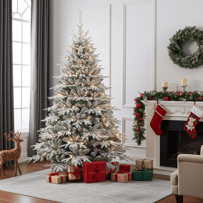 6.5FT Pre - Lit White Flocked Artificial Christmas Tree — 2356 PE/PVC Tips, 450 Lights, Hinged - Monsta Online