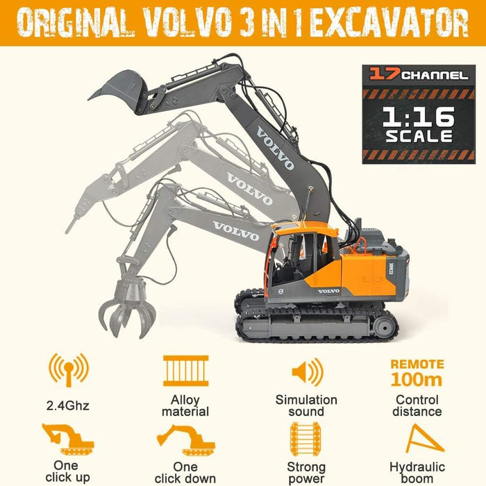 Premium 1:16 Full Function 3 - in - 1 Volvo RC Excavator – 17 - Channel Remote Control Toy with Metal Shovel, Drill & Grab for Kids - Monsta Online
