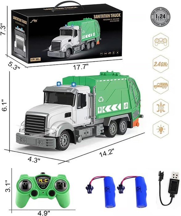 1/24 RC Garbage Truck Toy with Lights & Dual Batteries - 6CH Recycling Trash Truck for Kids 3+ - Monsta Online