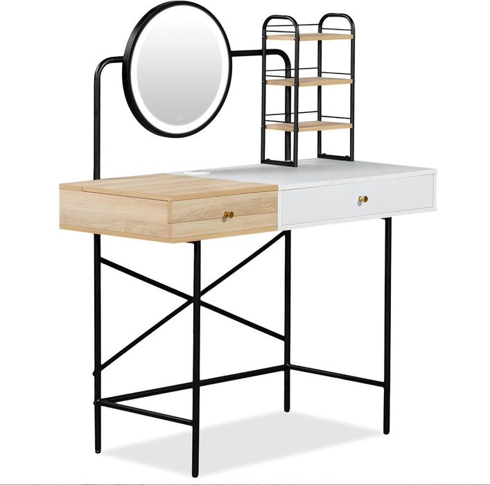 Modern Vanity Desk with LED Mirror and Charging Station for Bedroom Storage - Monsta Online