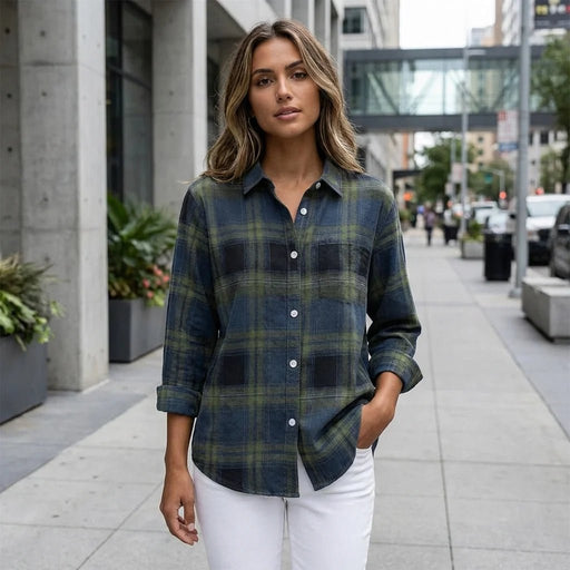 Women's Checked Pattern Shirt – Notched Lapel, Cotton Blend Casual Everyday Top - Monsta Online