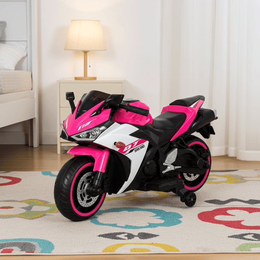 12V Electric Ride - On Pink Motorcycle with Throttle and Lighted Training Wheels - Monsta Online