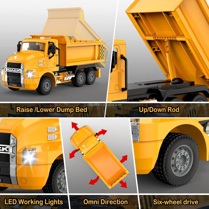 Premium 1:26 Scale Mack RC Dump Truck Toy for Kids - Remote Control Construction with Lights - Monsta Online