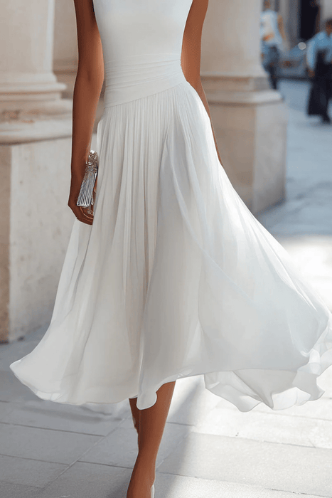 Vivienne Draped Pleated Midi Dress – Women's Sleeveless Fitted Wedding Guest Dress - Monsta Online