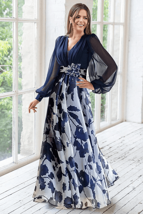 Valentina Floral Maxi Dress – Women's V Neck Balloon Sleeve Printed Wedding Guest Dress - Monsta Online