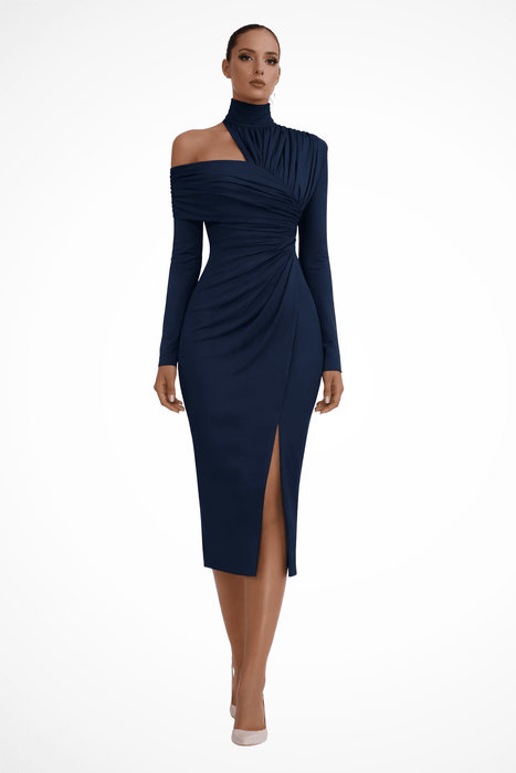 Delphina One Shoulder Midi Dress – Women's Asymmetric High Neck Draped Dress - Monsta Online