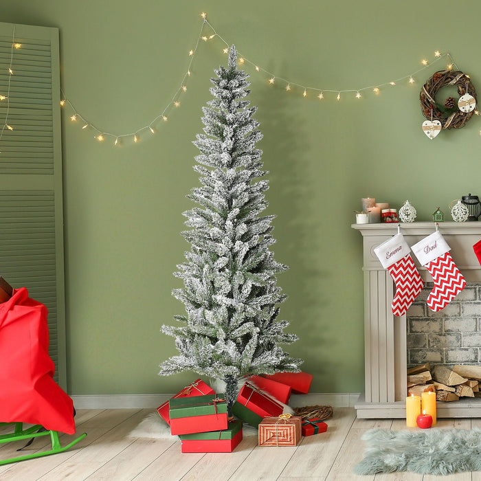6FT Snow Flocked Pencil Artificial Christmas Tree — 394 Tips, Unlit, Auto - Open, Steel Base, Green & White - Monsta Online