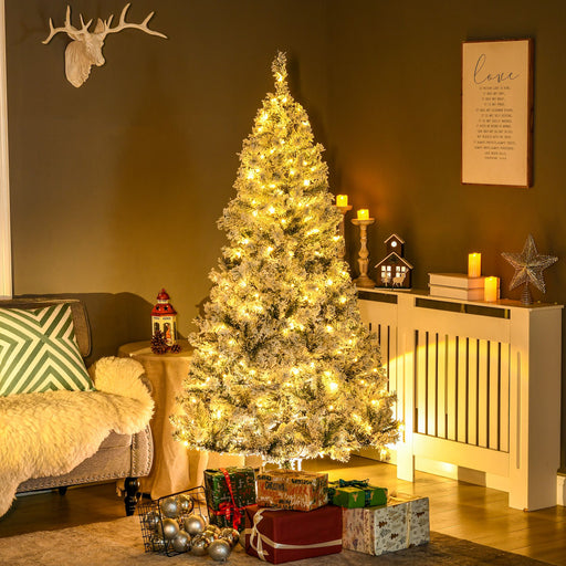 6FT Snow Flocked Pre - Lit Artificial Christmas Tree — 220 Warm White LEDs, 638 Tips, Auto - Open, Wide Leaves - Monsta Online