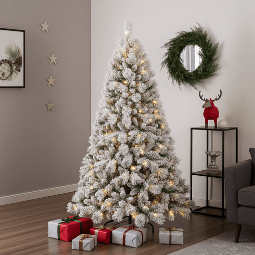 6FT Pre - Lit Flocked Artificial Christmas Tree — 300 Warm White Lights, 779 PVC Tips, Memory Wire, Metal Stand - Monsta Online