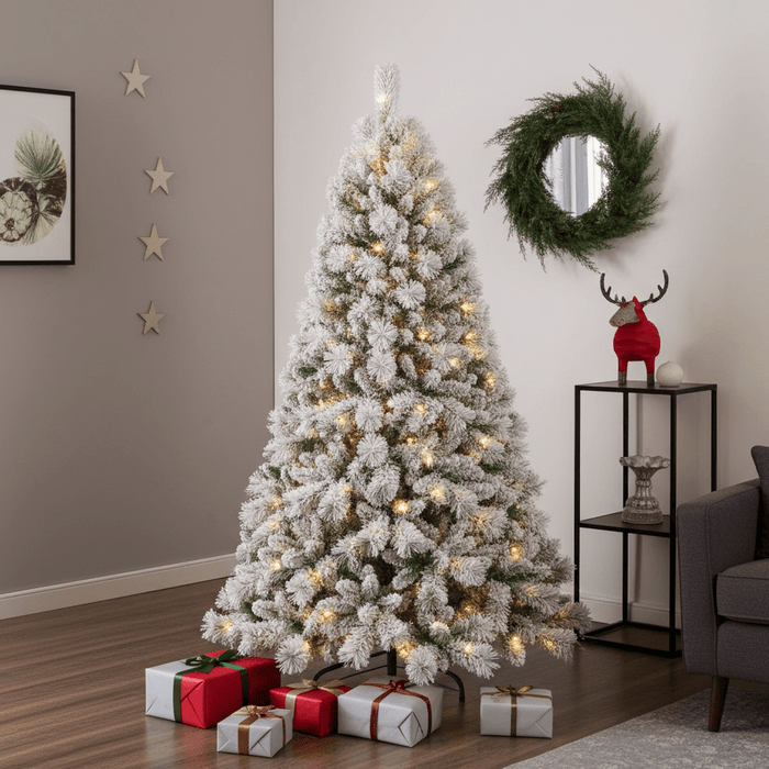 6FT Pre - Lit Flocked Artificial Christmas Tree — 300 Warm White Lights, 779 PVC Tips, Memory Wire, Metal Stand - Monsta Online
