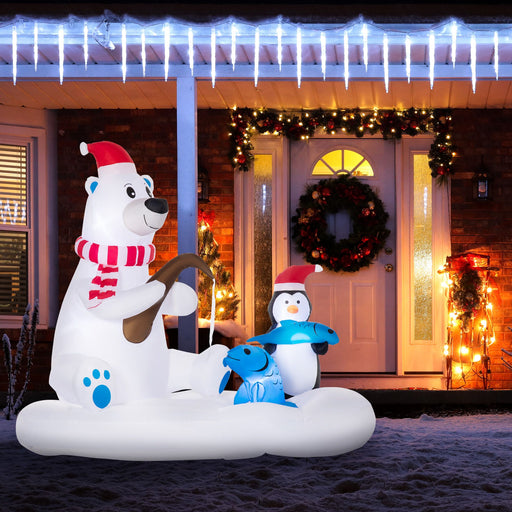6FT Prelit Inflatable Polar Bear & Penguin Fishing on Board with LED Lights - Outdoor Christmas Decoration - Monsta Online