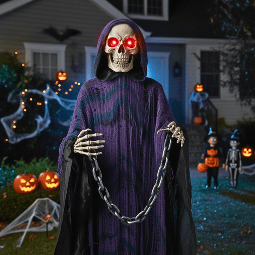 6ft Life Size Sound - Activated Halloween Animatronics Grim Reaper with Chain and Glowing Eyes - Monsta Online