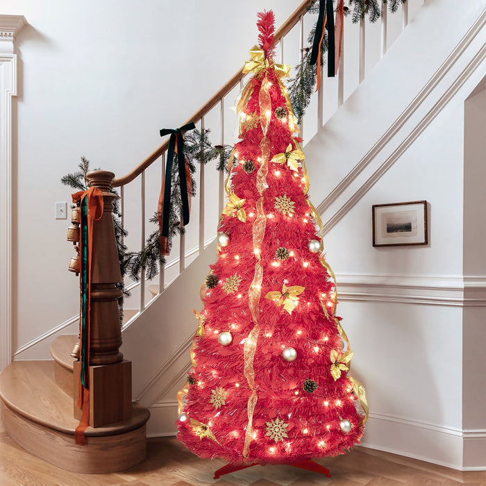 6FT Pre - Lit Pop - Up Christmas Tree — 150 LED Lights, Decorated with Ornaments & Ribbons - Monsta Online