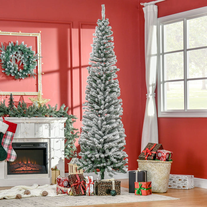 7.5FT Snow Flocked Pencil Artificial Christmas Tree — 738 Tips, Unlit, Slim Space - Saving, Metal Base - Monsta Online