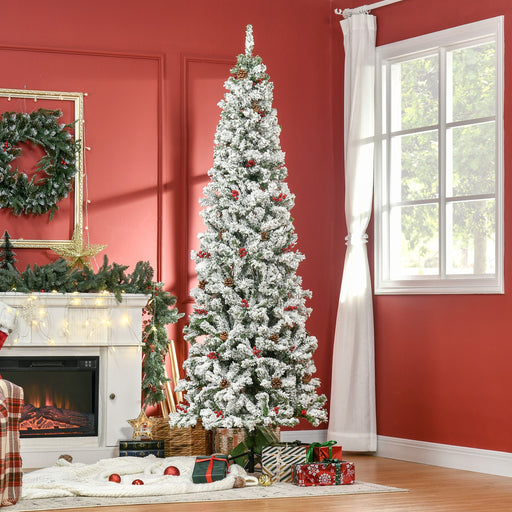 7.5FT Flocked Pencil Artificial Christmas Tree — 950 Tips, Snow, Pinecones, Berries, Unlit, Auto - Open - Monsta Online