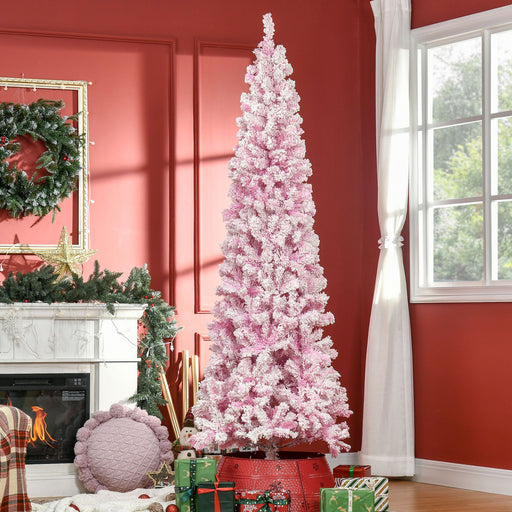 7.5FT Flocked Pink Pencil Artificial Christmas Tree — 800 Snow Tips, Unlit, Auto - Open, Slim Space - Saving - Monsta Online