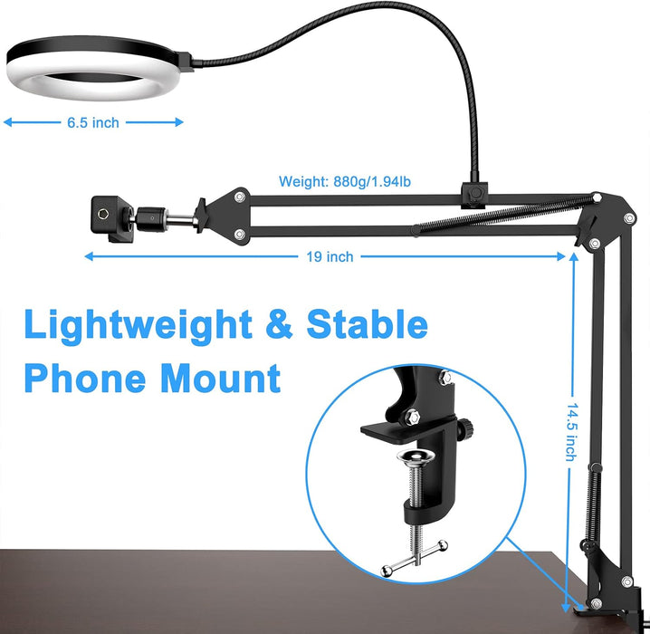 Adjustable Overhead Phone Mount with Ring Light for Live Streaming and Recording - Monsta Online