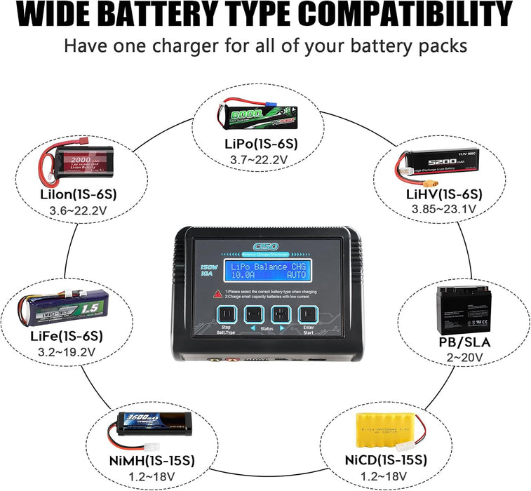 RC Battery Charger 150W 10A LiPo Battery Charger & Discharger for RC Cars. Boats, Construction, Helis & Drones - Fast, Smart, 1 - 15S Compatible - Monsta Online