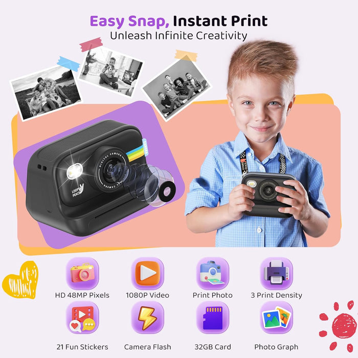 Fun Instant Camera for Kids with B&W Instant Printing and 1080P Video Recording - Monsta Online