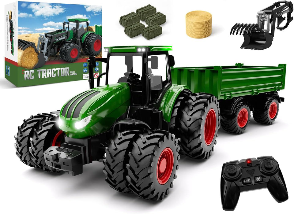 Premium 8 - Wheel RC Tractor Set with Trailer & Front Loader – Metal Head Farm Truck with Lights for Kids - Monsta Online