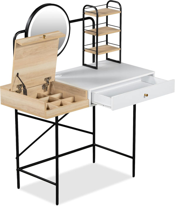 Modern Vanity Desk with LED Mirror and Charging Station for Bedroom Storage - Monsta Online