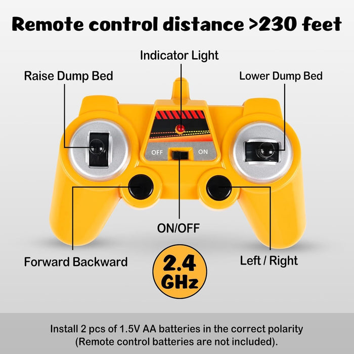 Premium 1:26 Scale Mack RC Dump Truck Toy for Kids - Remote Control Construction with Lights - Monsta Online