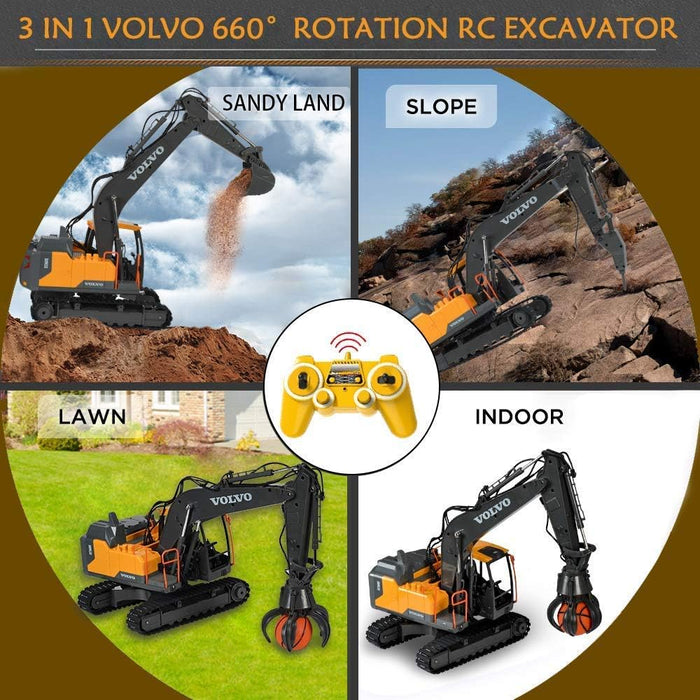 Premium 1:16 Full Function 3 - in - 1 Volvo RC Excavator – 17 - Channel Remote Control Toy with Metal Shovel, Drill & Grab for Kids - Monsta Online