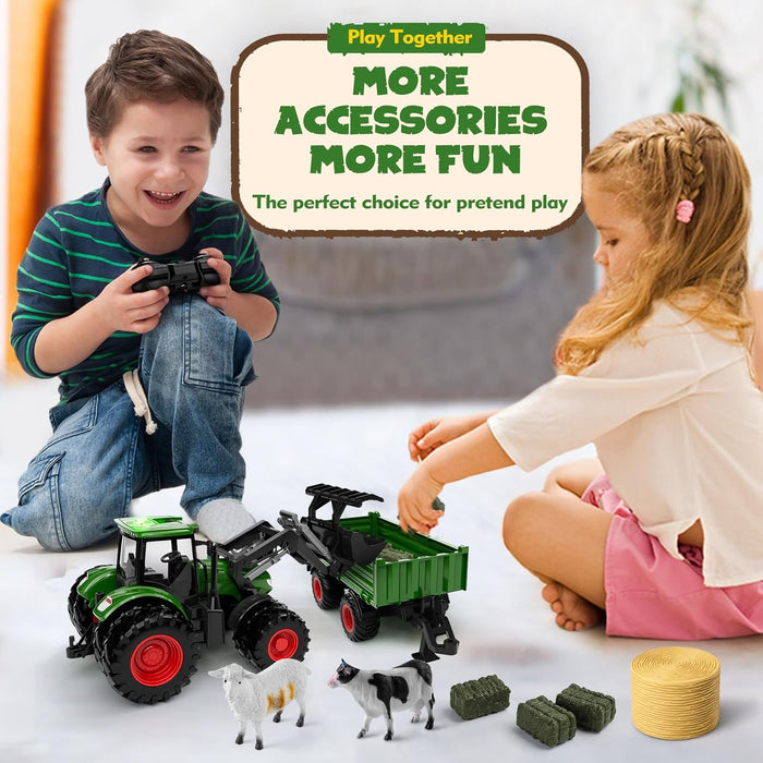 Premium 8 - Wheel RC Tractor Set with Trailer & Front Loader – Metal Head Farm Truck with Lights for Kids - Monsta Online