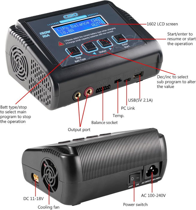 RC Battery Charger 150W 10A LiPo Battery Charger & Discharger for RC Cars. Boats, Construction, Helis & Drones - Fast, Smart, 1 - 15S Compatible - Monsta Online