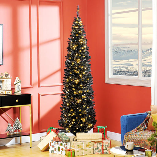 7FT Black Pre - Lit Pencil Artificial Christmas Tree — 250 Warm White LEDs, 499 Tips, Slim, Steel Base - Monsta Online