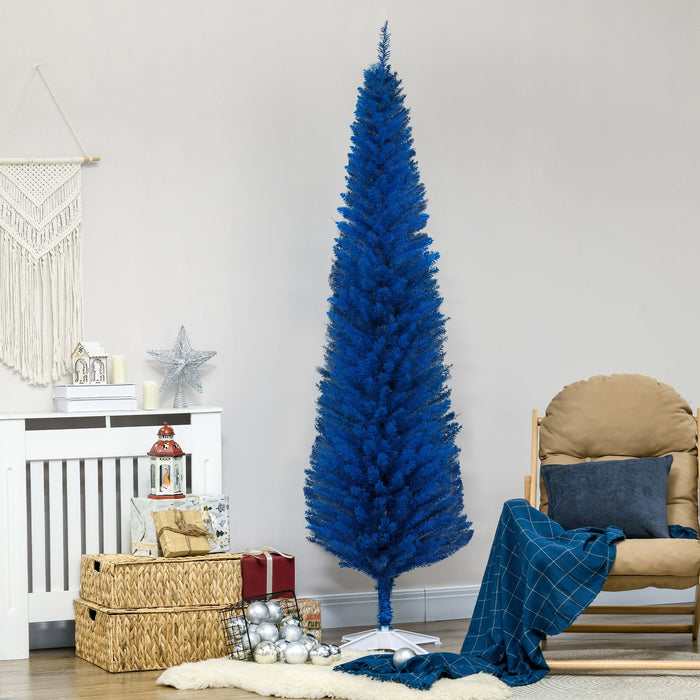 7FT Blue Pencil Artificial Christmas Tree — 499 Tips, Unlit, Slim Space - Saving, Realistic, Plastic Base - Monsta Online