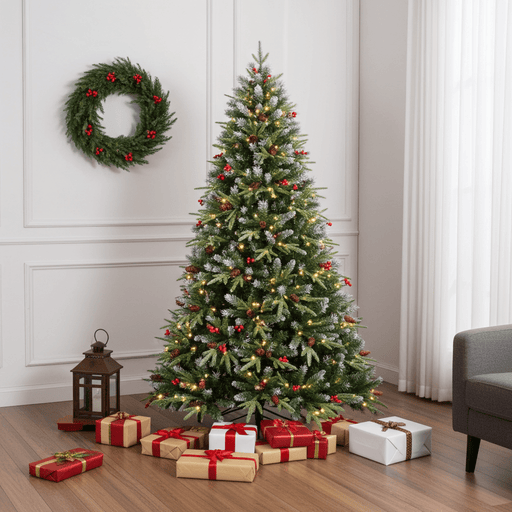 7FT Pre - Lit Artificial Christmas Tree — 2178 PE/PVC Tips, 450 Lights, Pinecones & Berries - Monsta Online