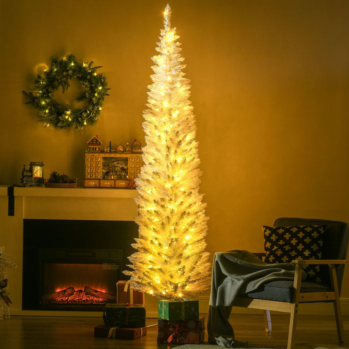 7FT White Pencil Pre - Lit Artificial Christmas Tree — 200 Warm White LEDs, 499 Tips, Slim Space - Saving - Monsta Online