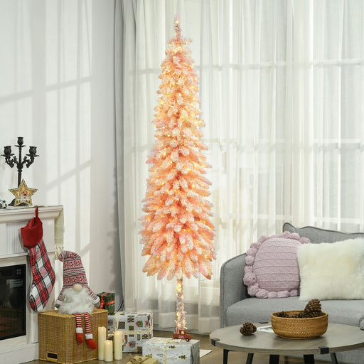7FT Pink Snow Flocked Pencil Pre - Lit Artificial Christmas Tree — 250 Warm White LEDs, 331 Tips, Downswept - Monsta Online