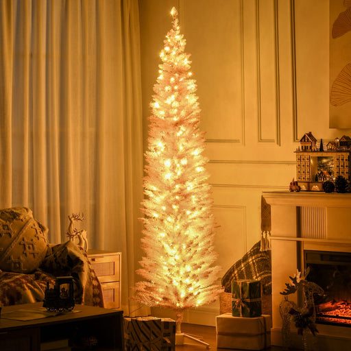 7FT Pink Pencil Pre - Lit Artificial Christmas Tree — 200 Warm White LEDs, 499 Tips, Slim Space - Saving - Monsta Online