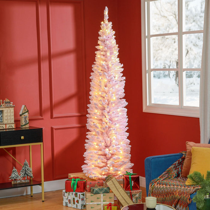 7FT Pre - Lit Pink Pencil Artificial Christmas Tree — 210 Warm White LED Lights, 499 Tips, Slim, Steel Base - Monsta Online