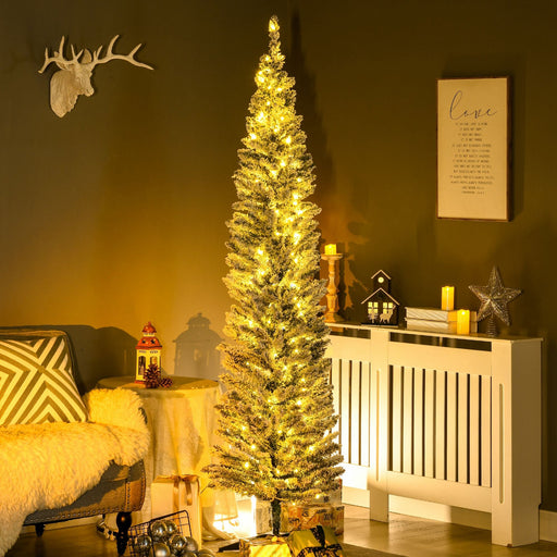 7FT Slim Pencil Pre - Lit Artificial Christmas Tree — 210 Warm White LEDs, 499 Tips, Space - Saving, Steel Base - Monsta Online