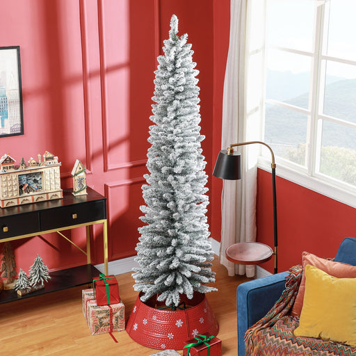 7FT Snow Flocked Pencil Artificial Christmas Tree — 405 Tips, Unlit, Slim Space - Saving, Metal Base - Monsta Online